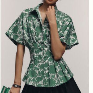 Anthropologie The Tobie Pleated Blouse by Exquise: Short-Sleeve Green M Petite